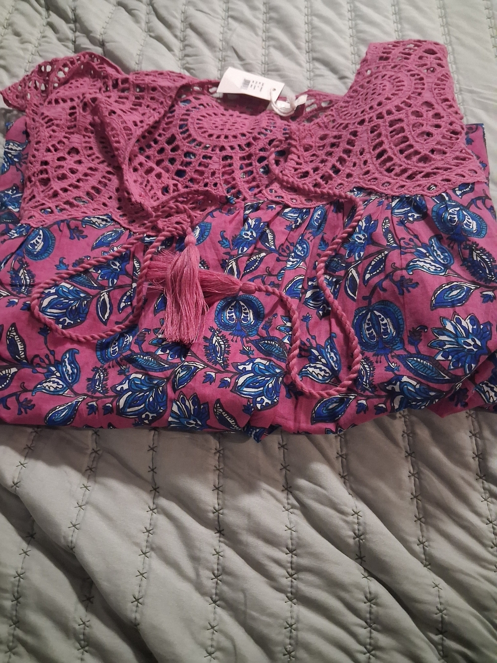 Women's Pink Crochet Yoke Floral Tunic Top